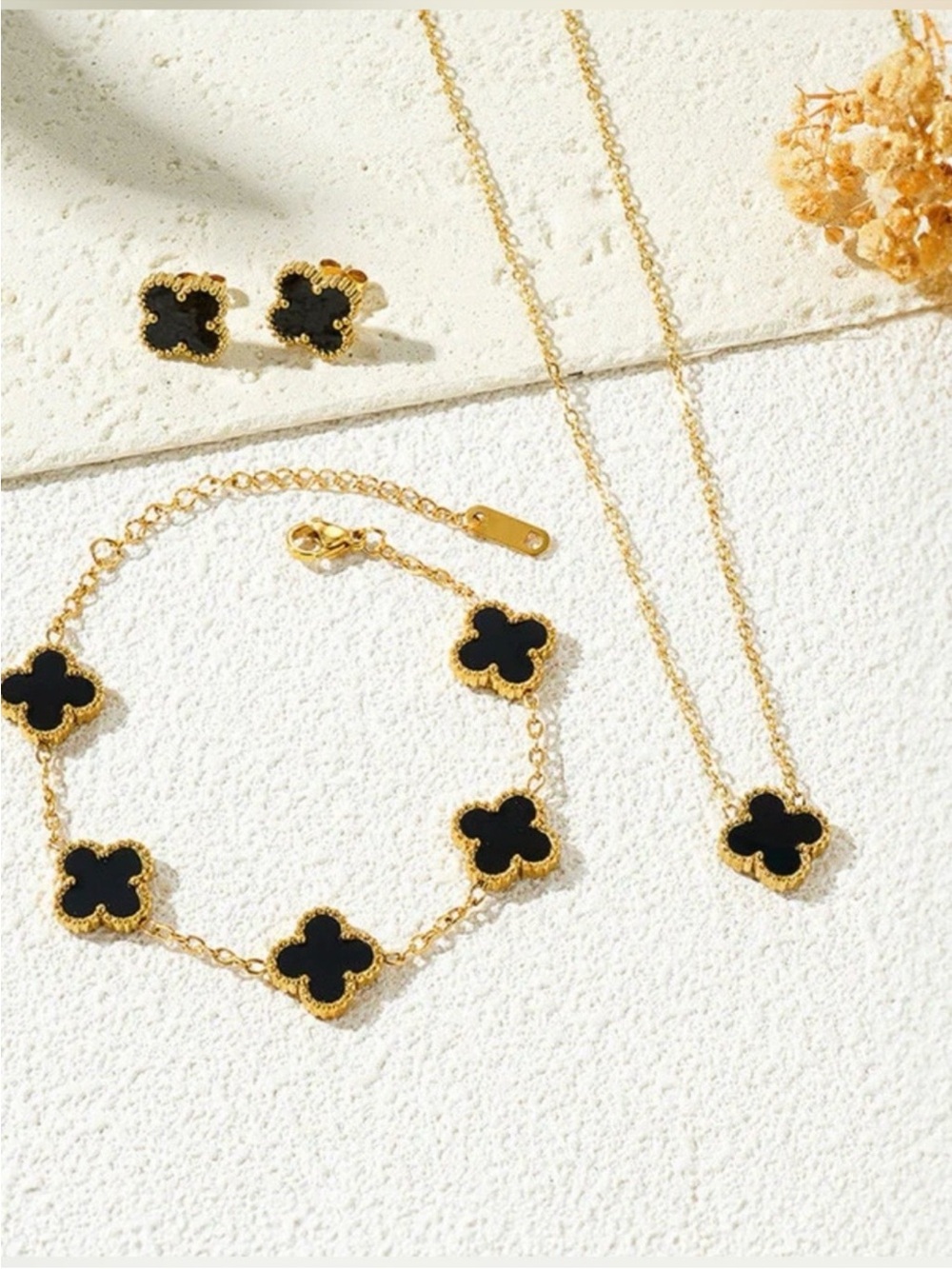 Black 4 Leaf Clover Jewelry Set | 18kGold-Plated Necklace, Bracelet & Earrings